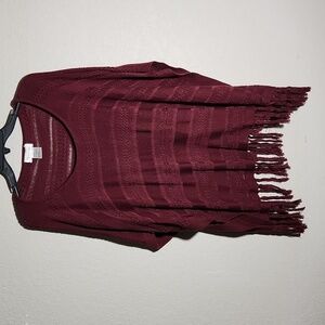 Grace & Lace Poncho Knit Fringe One Size Burgundy